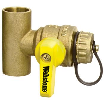 Webstone 1" CxC LF T-Drain, full port brass fitting w/ high flow hose drain, reversible handle